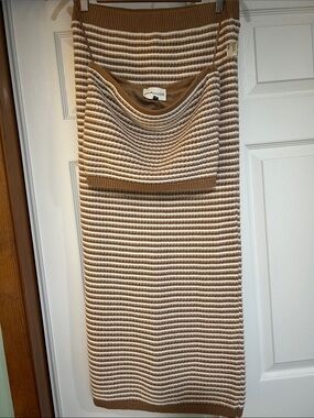 Freshman 1996 Striped Cowl-Neck Crochet 2 Piece Tube Top/Skirt in Brown & Cream
